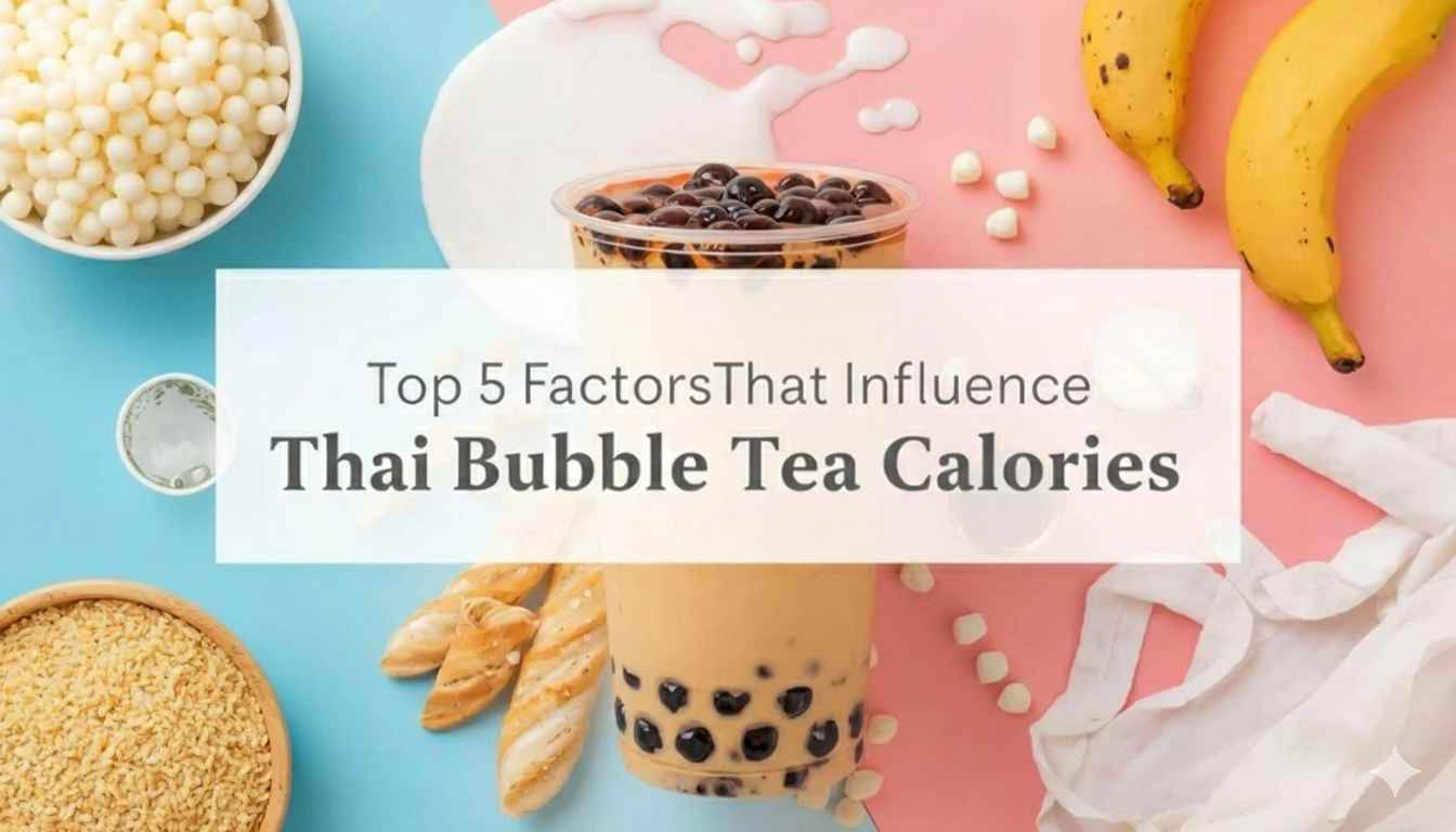 Thai bubble tea with tapioca pearls, milk, bananas, and toppings highlighting calorie factors